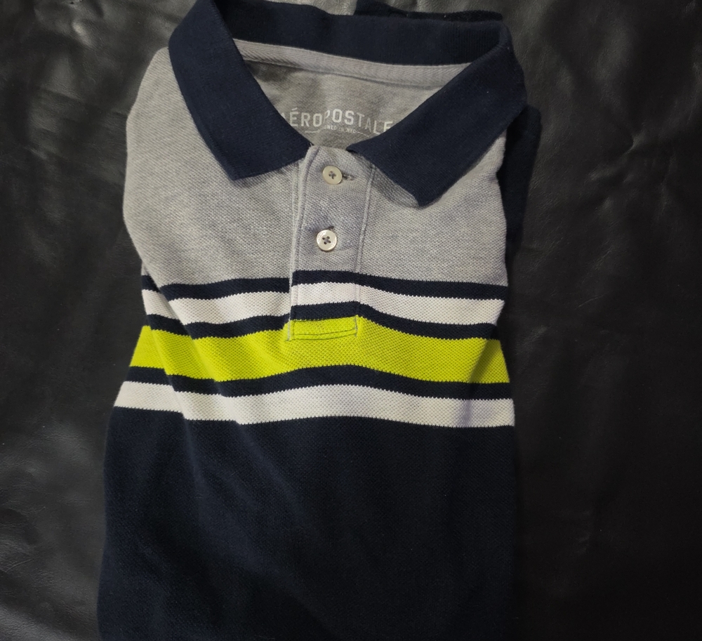 Aeropostale Mens' Navy, Gray & Lime Striped Polo
